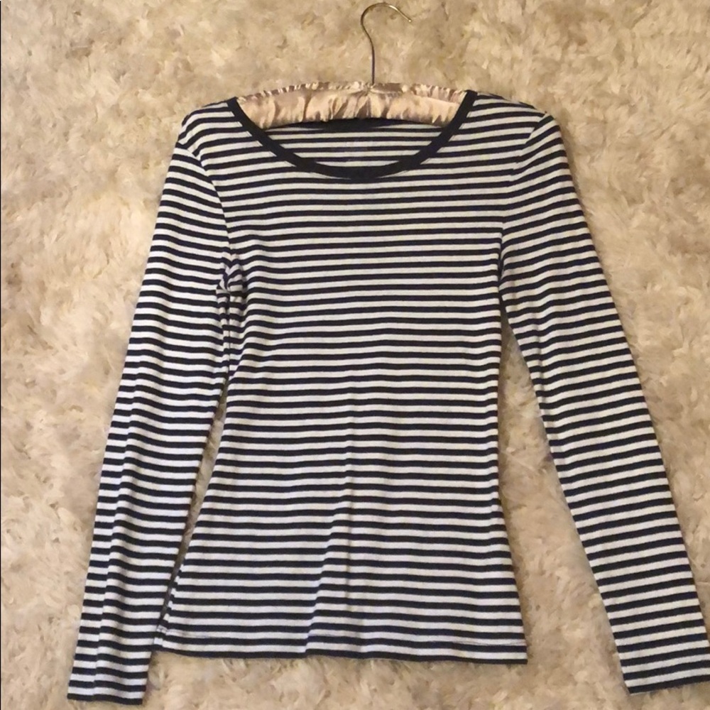 Navy blue and white striped long sleeve shirt